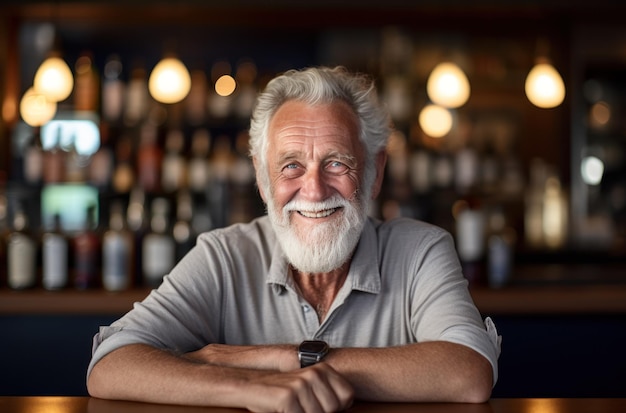 An old man is laughing in a pub