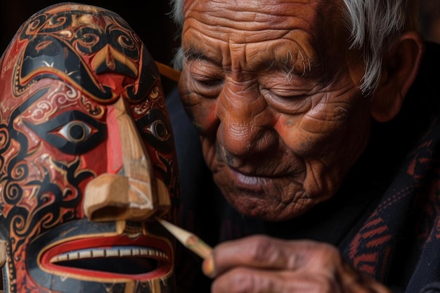 Photo an old man is painting a wooden mask