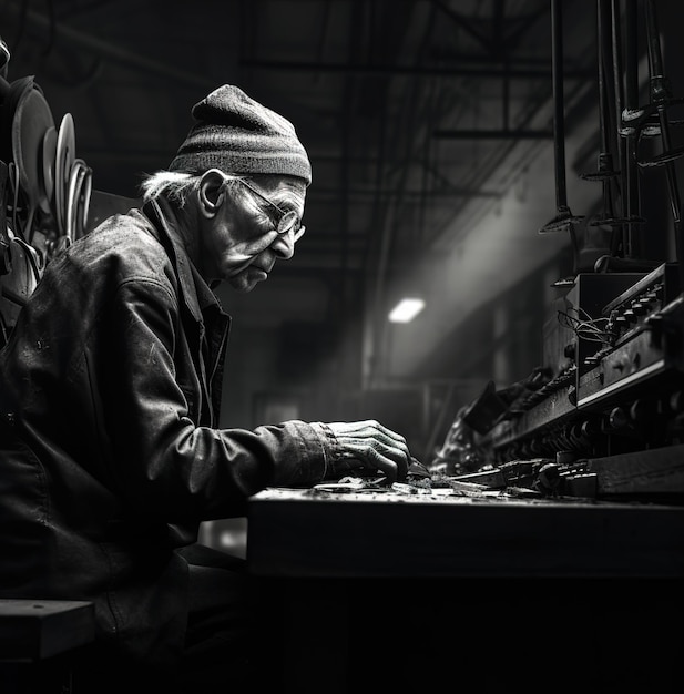 an old man is playing a keyboard with the letter r on it.