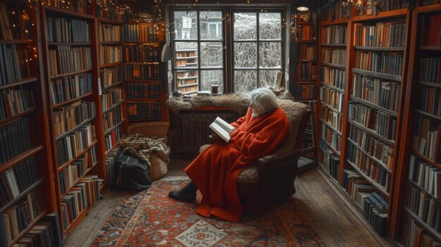 Foto un vecchio sta leggendo un libro in una biblioteca