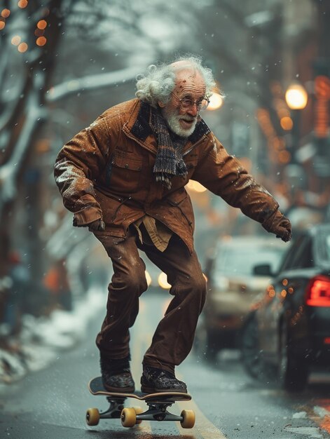 Old man is riding skateboard on the street