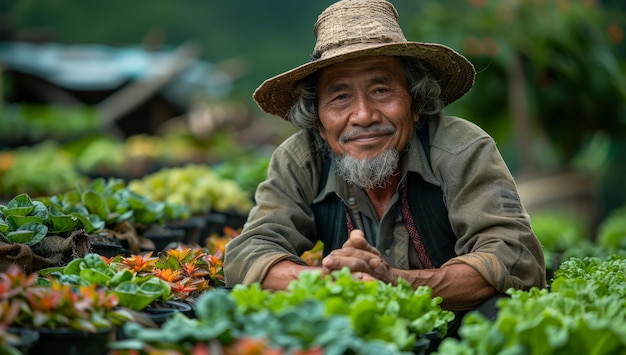 写真 老人は庭で植物を売っている