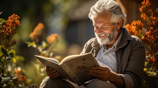 The old man is sitting on a park bench reading a book