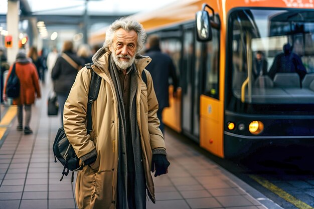 An old man is standing in front of a public transport bus