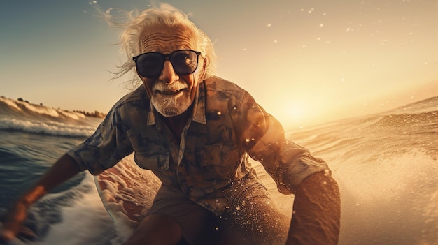 An old man is surfing on a beach with the sun setting behind him.