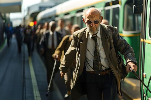 Photo an old man is walking in front of a public transport bus