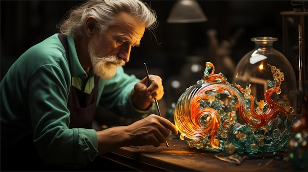 an old man is working on a glass sculpture