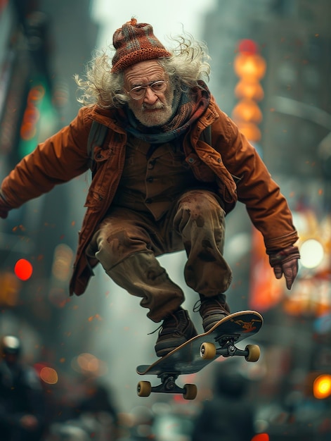 Foto vecchio che salta con il suo skateboard per strada