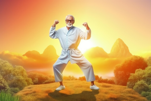 An old man in a karate pose with the sun setting behind him