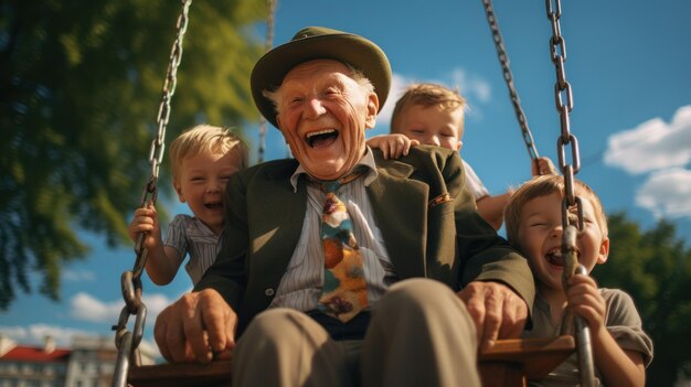 Old man laughing with his grandchildren On the swing in the daylight of the park39s