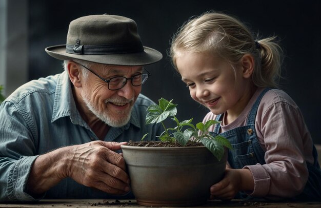 an old man and a little girl looking at a plant