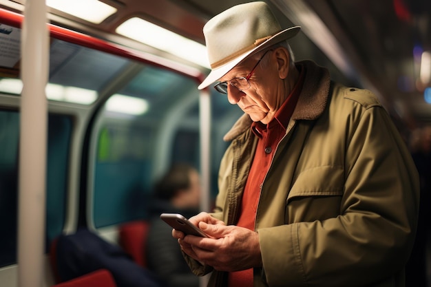 Old man London subway travel Smartphone using Generate Ai