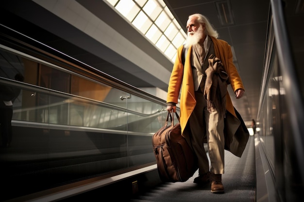 Old man luggage escalator moving Cheerful low Generate Ai