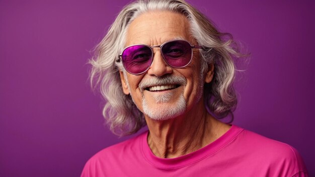 old man man with long senior hair in sunglasses smiling and laughing wearing bright pink tshirt