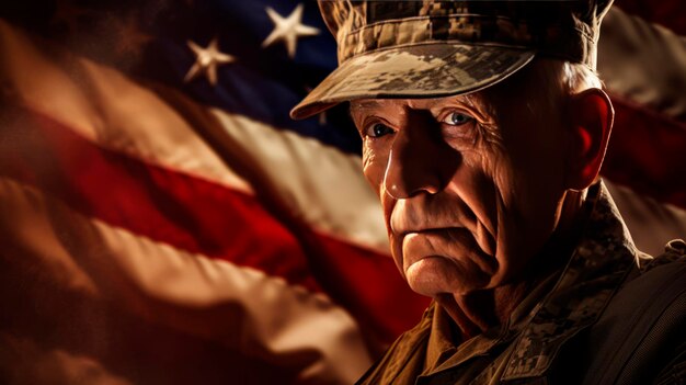 An old man in a military uniform on the background of the american flag