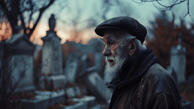 Old man mourns loss amid cemeterys silent grief at he graveyard