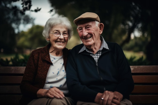 An old man and old woman sitting on a bench Generative AI image