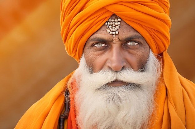 Old man in an orange turban on a light orange background image generated by ai