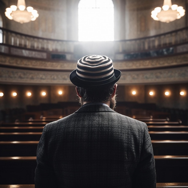 Old man orthodox and synagogue for Jewish back in faith religion or belief for Hannukah passover