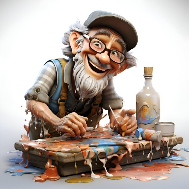 Photo old man painting with oil paints on a wooden board vector illustration