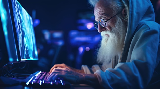 Old man playing on computer late at night in Modern computer club Grandpa gamer AI