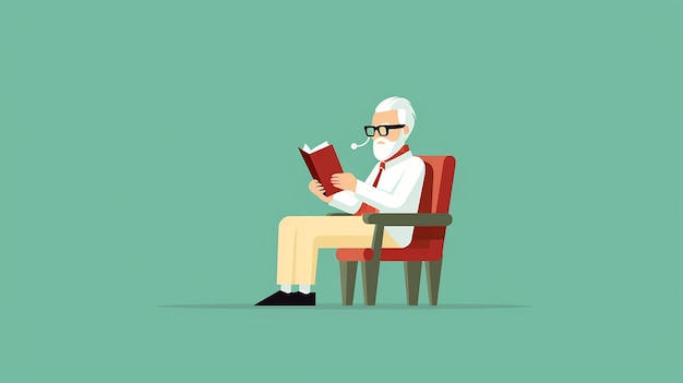 an old man reading a book with a book in his hand.