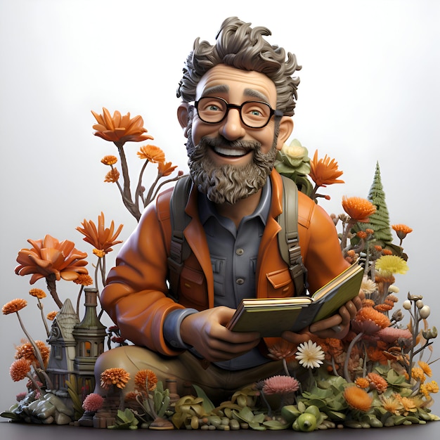 Old man reading a book with flowers around him 3d illustration