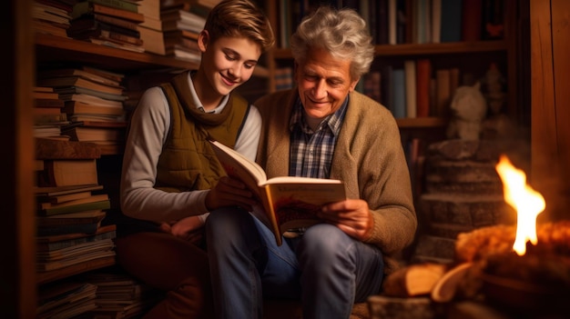 Old man reading a book with his grandson