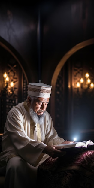 An Old Man Reading the Quran in a Mosque at Night