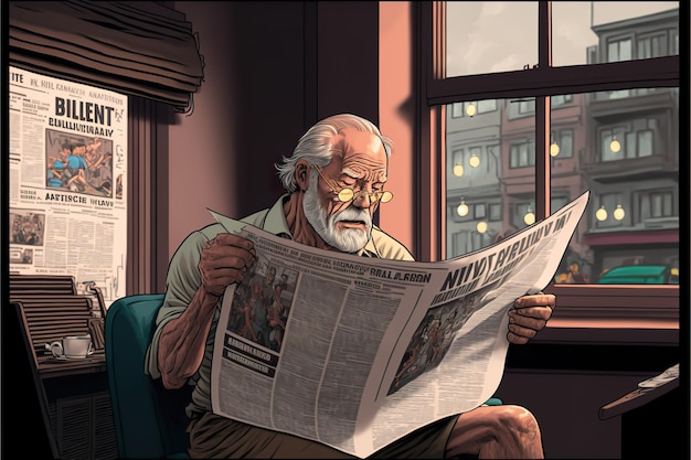 Old man reads the newspaper flat illustration