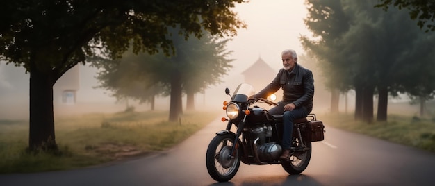 old man rides vintage motorcycle hobby in old age