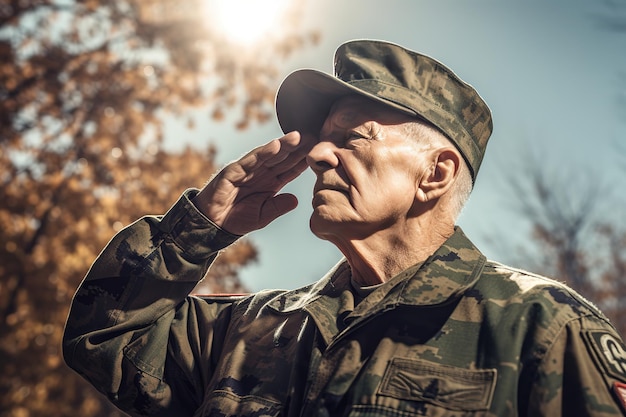 Photo an old man saluting in a military uniform