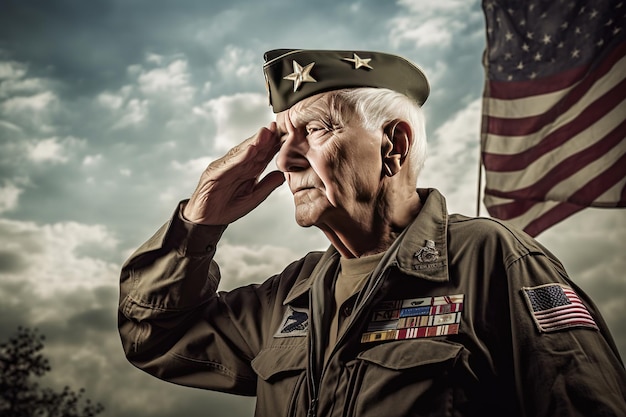 An old man saluting in a military uniform