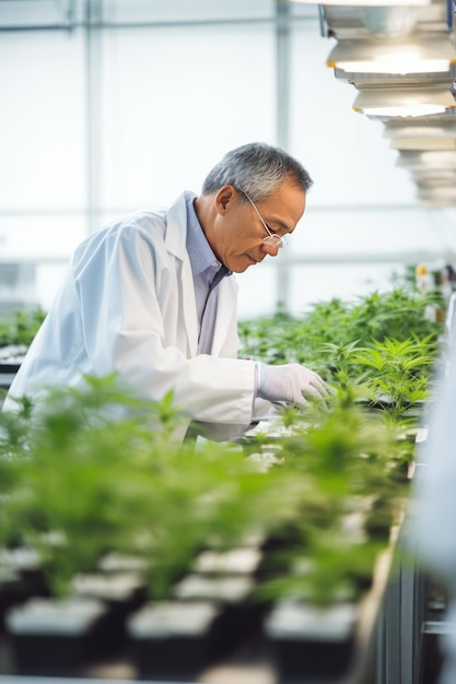 Foto un vecchio scienziato coltiva cannabis medica in un laboratorio scientifico controllando la qualità delle piante