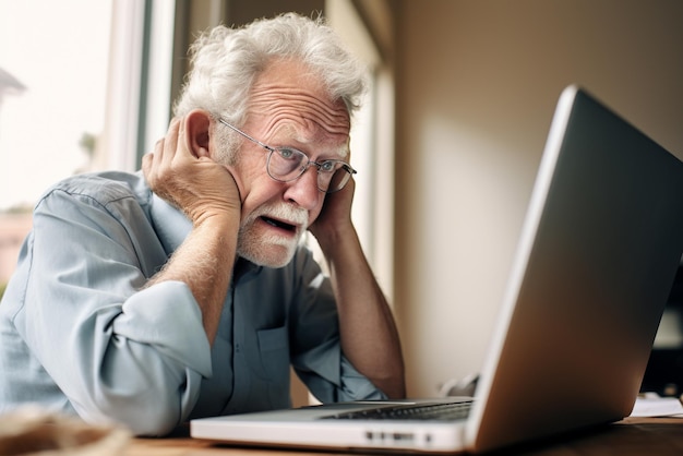 Photo old man scratching head while looking on the laptop generative ai