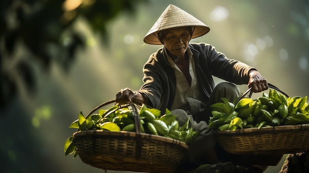 An old man sells bananas in a basket