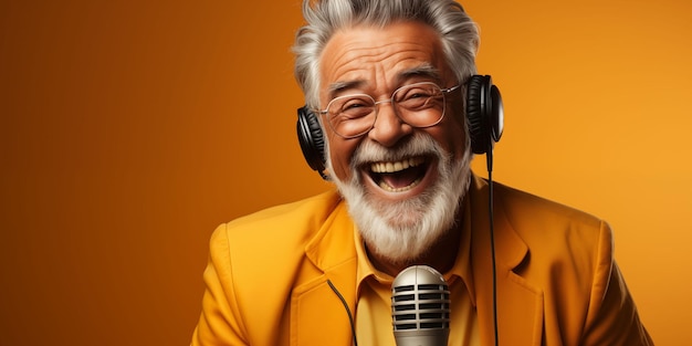 Photo old man singing into microphone with headphones generative ai