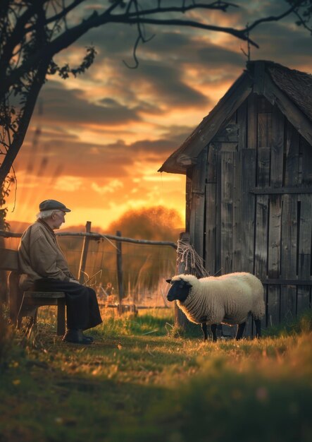 Старик сидит на скамейке перед деревянной хижиной стадо овец вокруг него