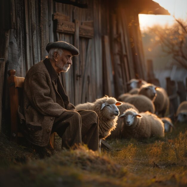 An old man sits on a bench in front of a wooden hut a flock of sheep around him