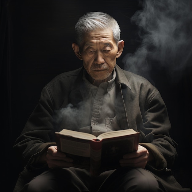 an old man sits in front of a book that says " old man ".