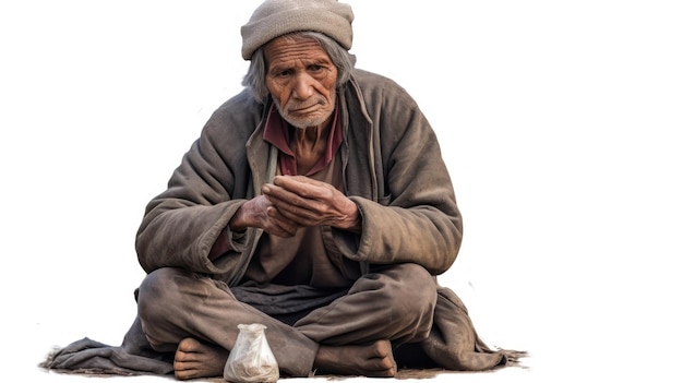 an old man sits on the ground and holds a small white object in his hands.