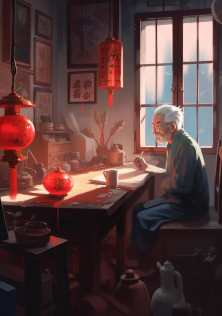 An old man sits at a table in front of a window with a chinese lantern on the wall.