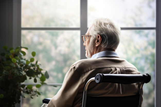 椅子に座って窓の外を見ている老人 孤独な老人 窓の近くの家に座っている大流行 介護施設に捨てられた思慮深い引退した男