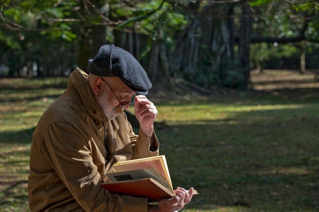 Old man sitting on the bench reading a book
