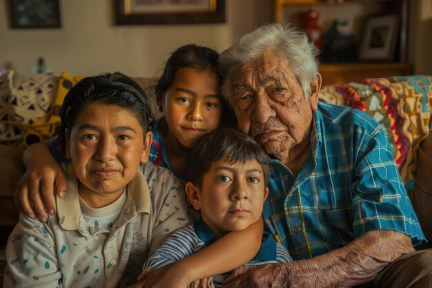 An old man sitting on a couch with two children