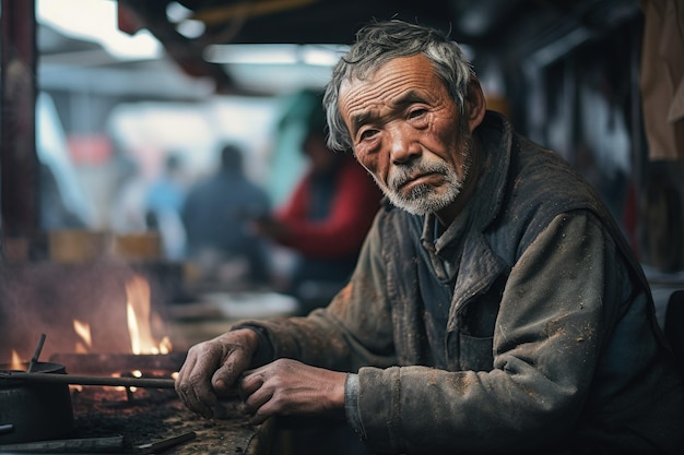 An old man sitting in front of a fire