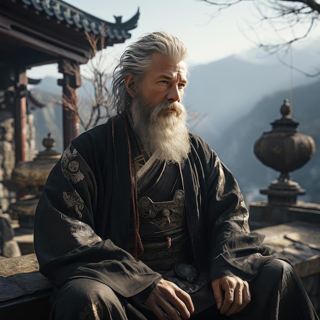 Old man sitting on ledge with rocks holding a long beard