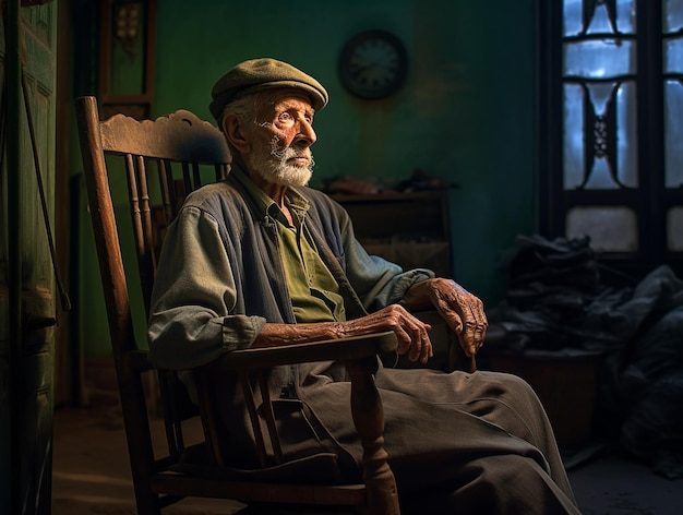 Old man sitting in rocking chair in a room with minimalist lighting vintage style AI generated