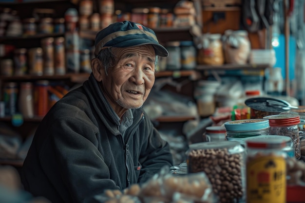 Old Man Sitting at Store Table