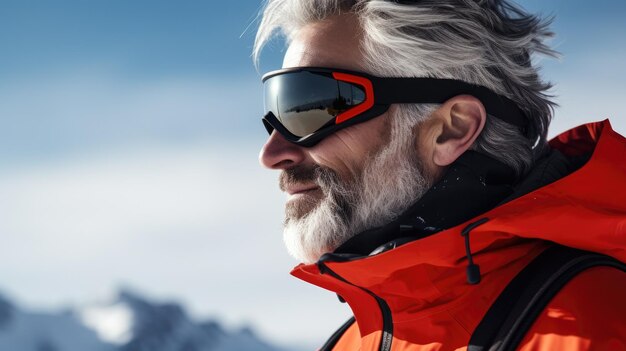 Old man in ski goggles and equipment looks to the side against the backdrop of a sunny winter mountain landscape